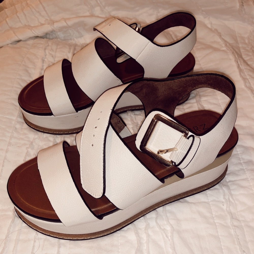White with Gold Platform Wedges with Strap